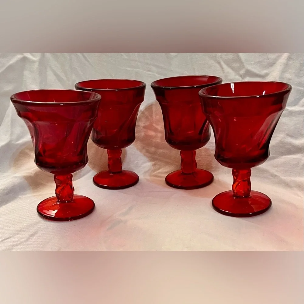 VTG Fostoria Jamestown Ruby Red Champagne Tall Sherbet Glasses Set of 4 Swirl